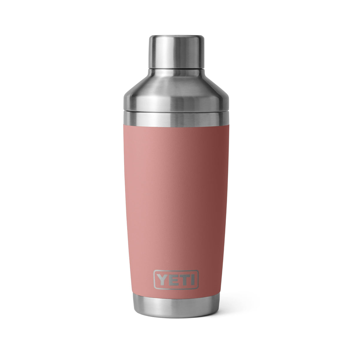 YETI Rambler front view showing Sandstone Pink finish and durable design benefit