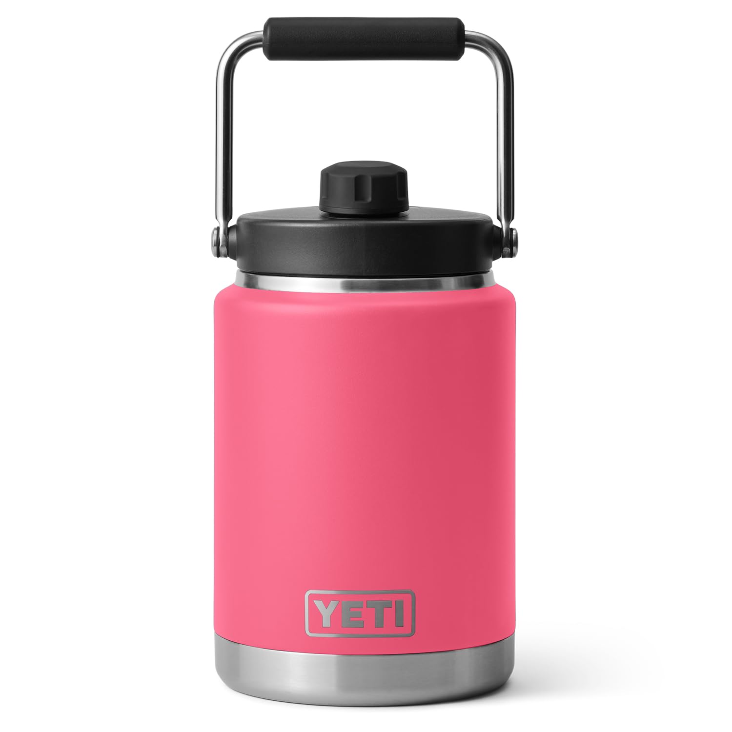 YETI Rambler front view in tropical pink showing rugged finish and easy-grip benefit