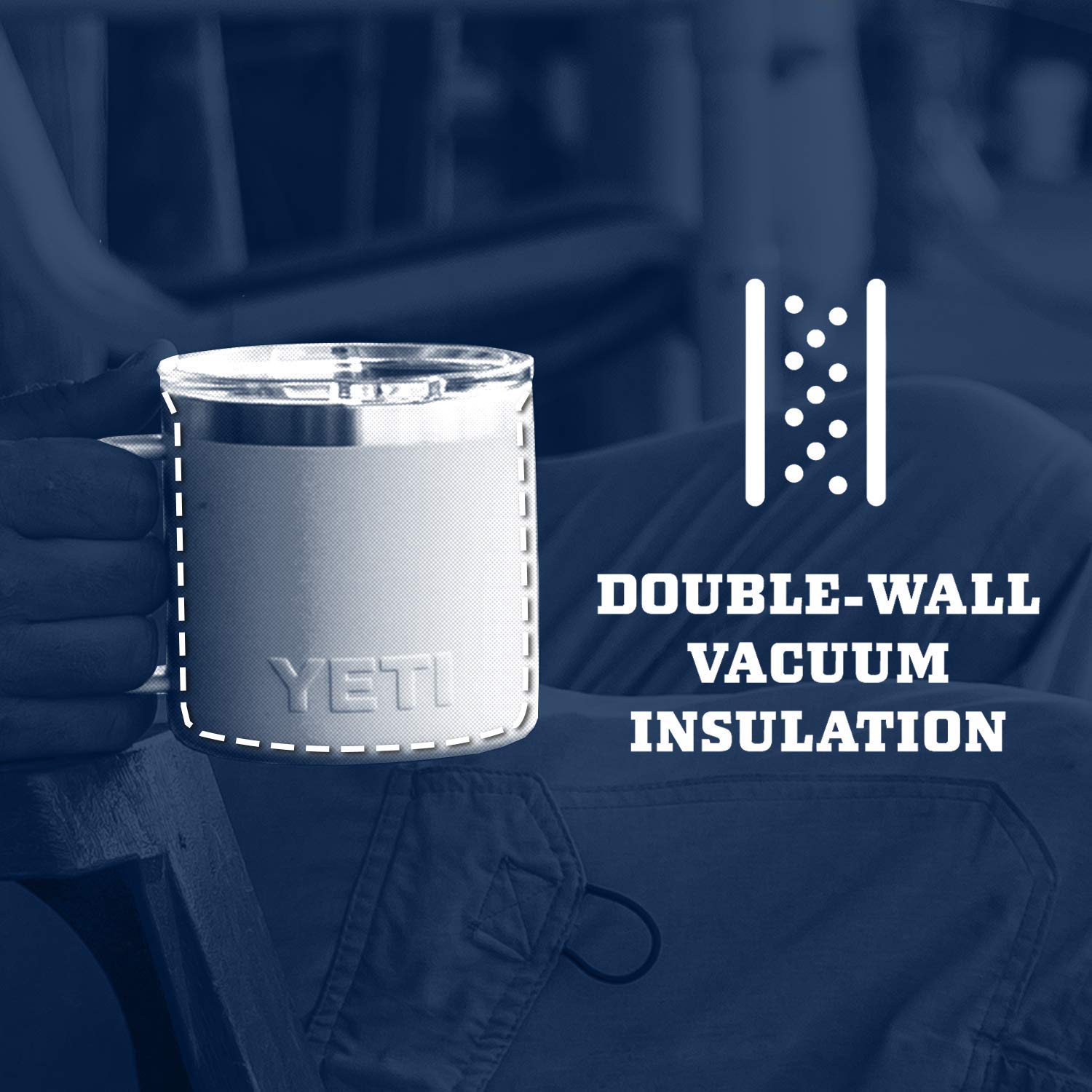 YETI Rambler lid detail demonstrating spill-reducing fit and insulation benefit