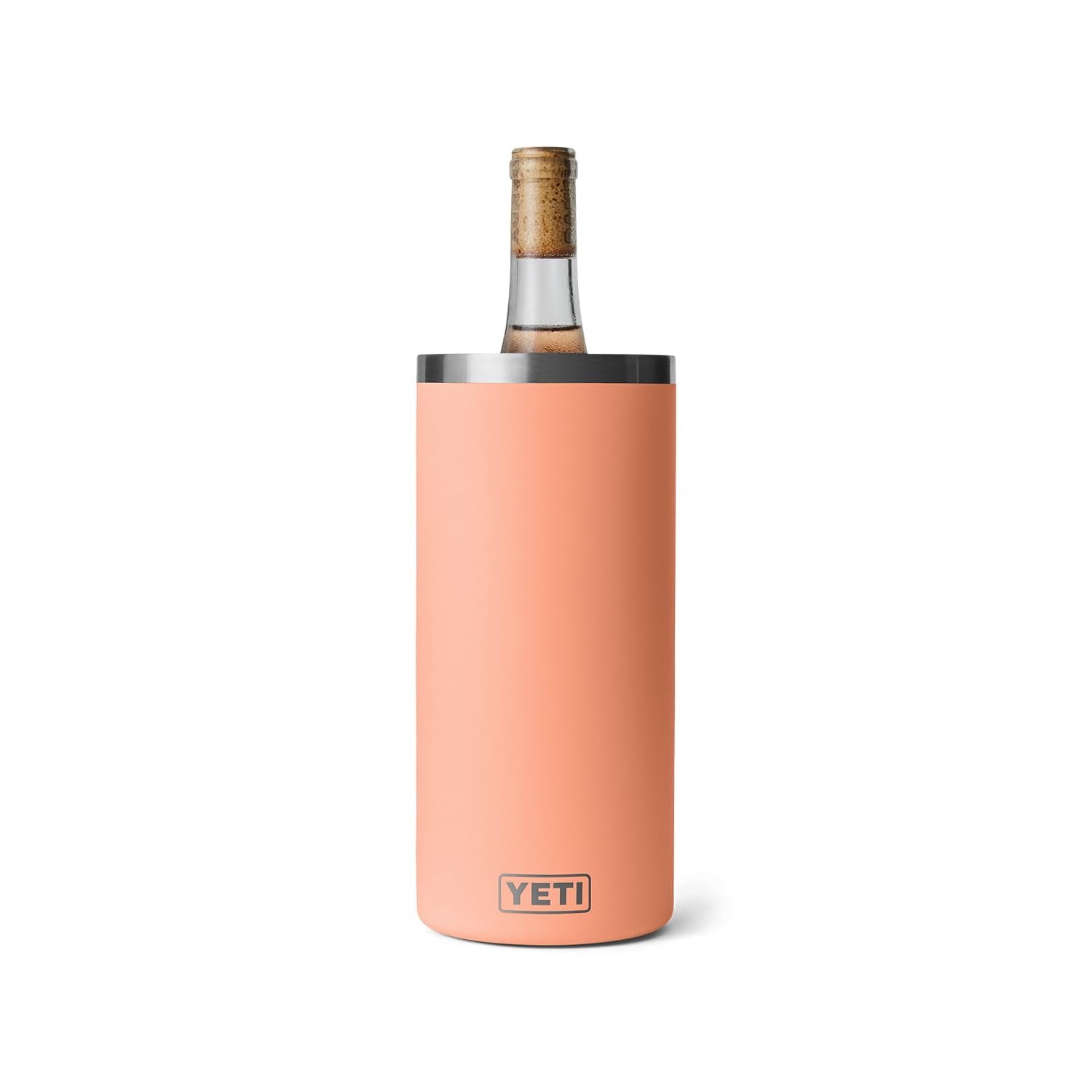 YETI Rambler wine chiller front view showing Lowcountry Peach color and insulated benefit