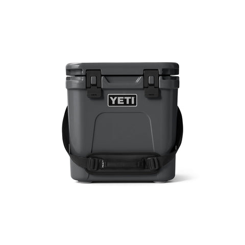 YETI Roadie 24 front view showing charcoal finish and compact profile for rugged portability
