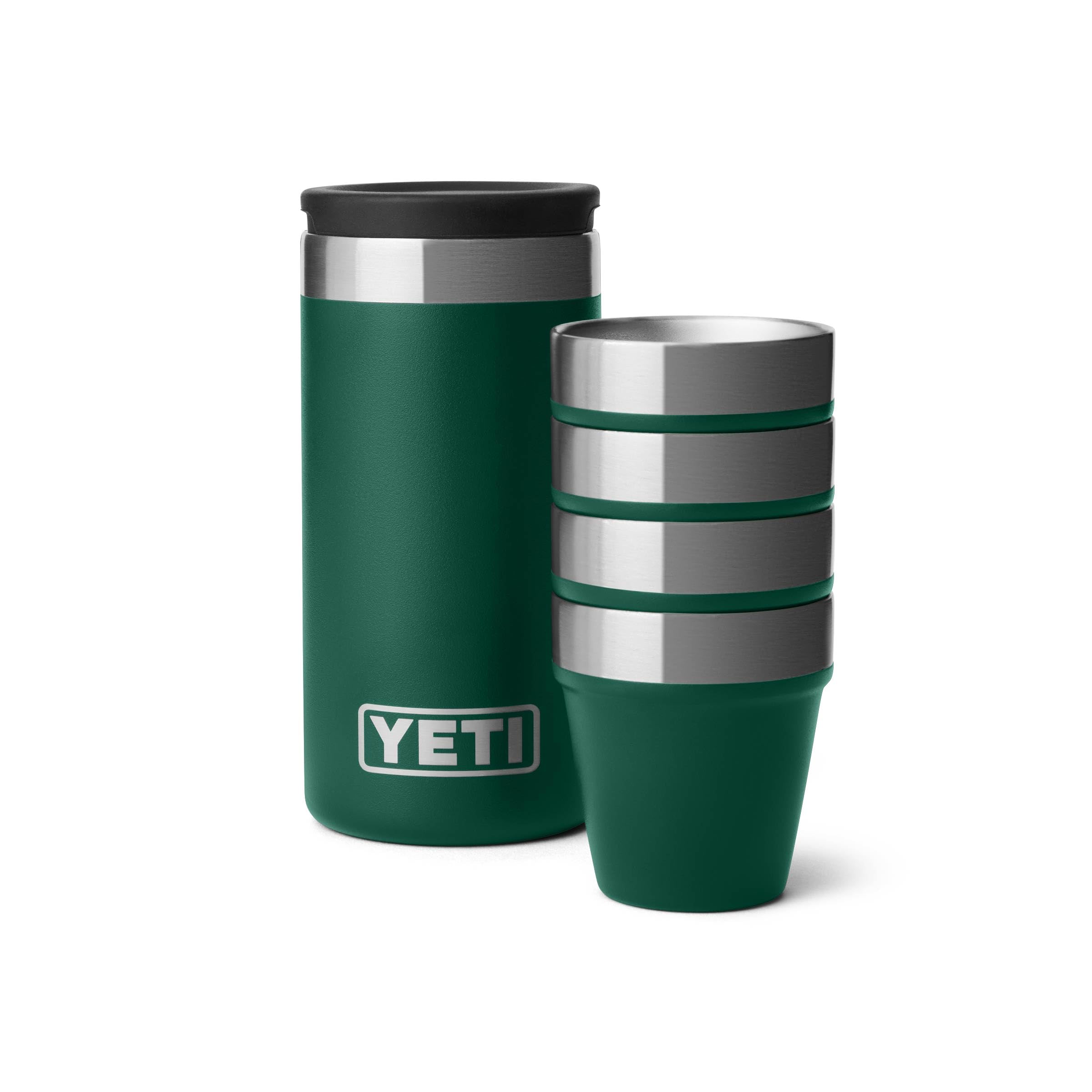 YETI shot glass front view showing Black Forest Green finish and durable build