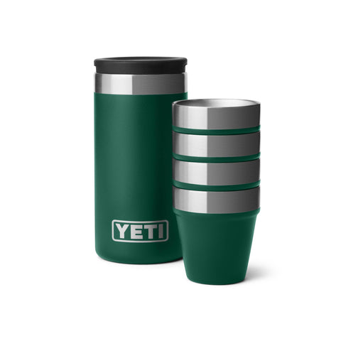 YETI shot glass front view showing Black Forest Green finish and durable build