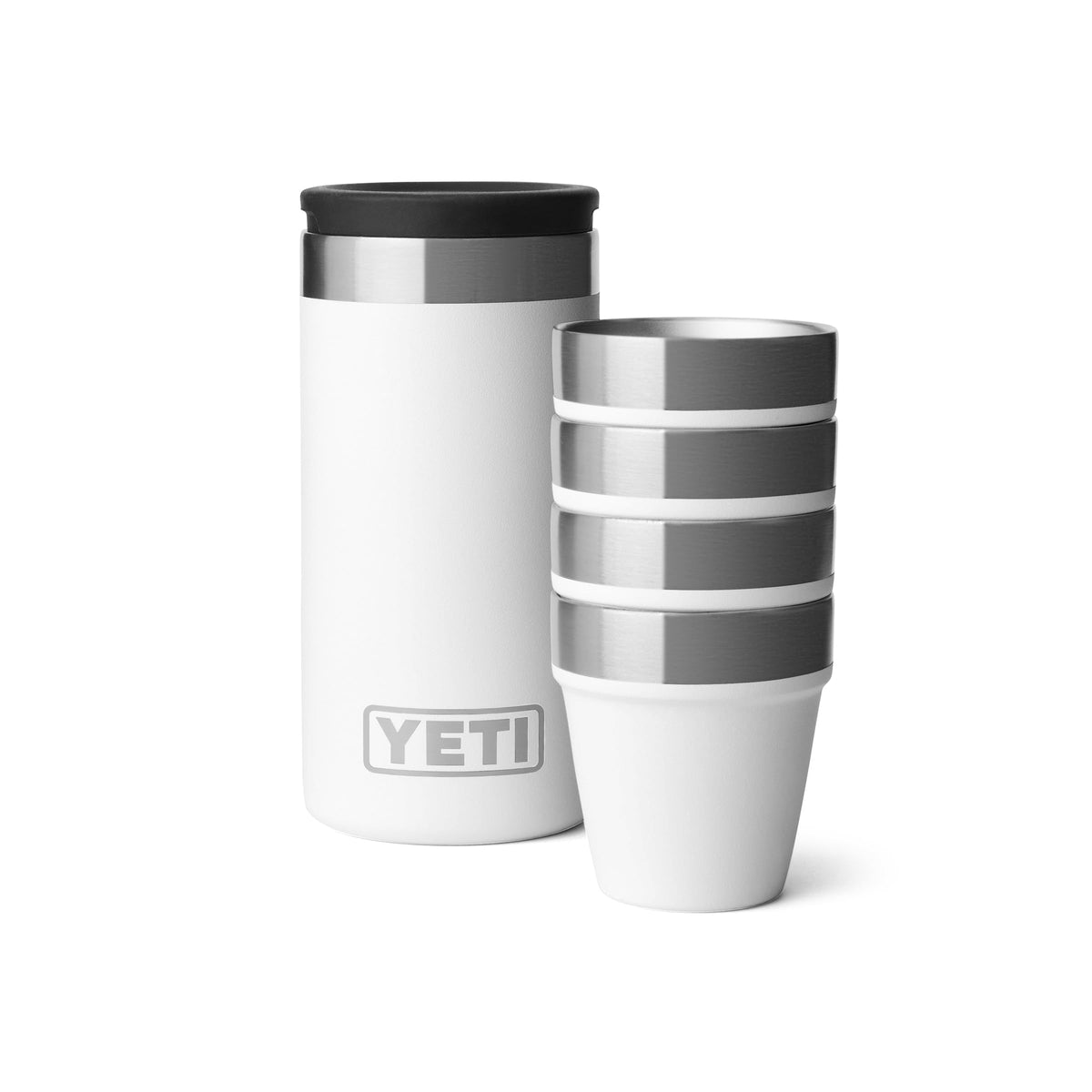 YETI front view showing white shot glasses and case, durable and portable