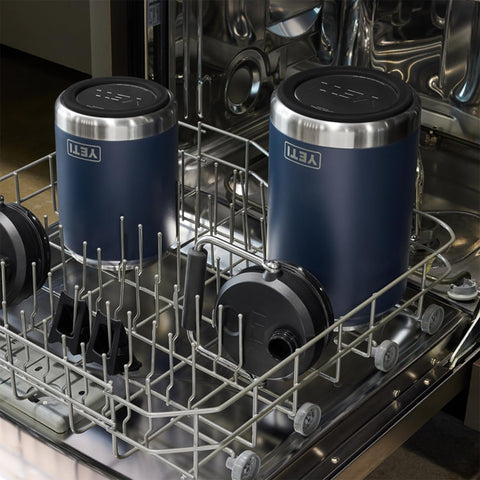 YETI stainless steel label and finish close-up showing durable, dishwasher-safe build