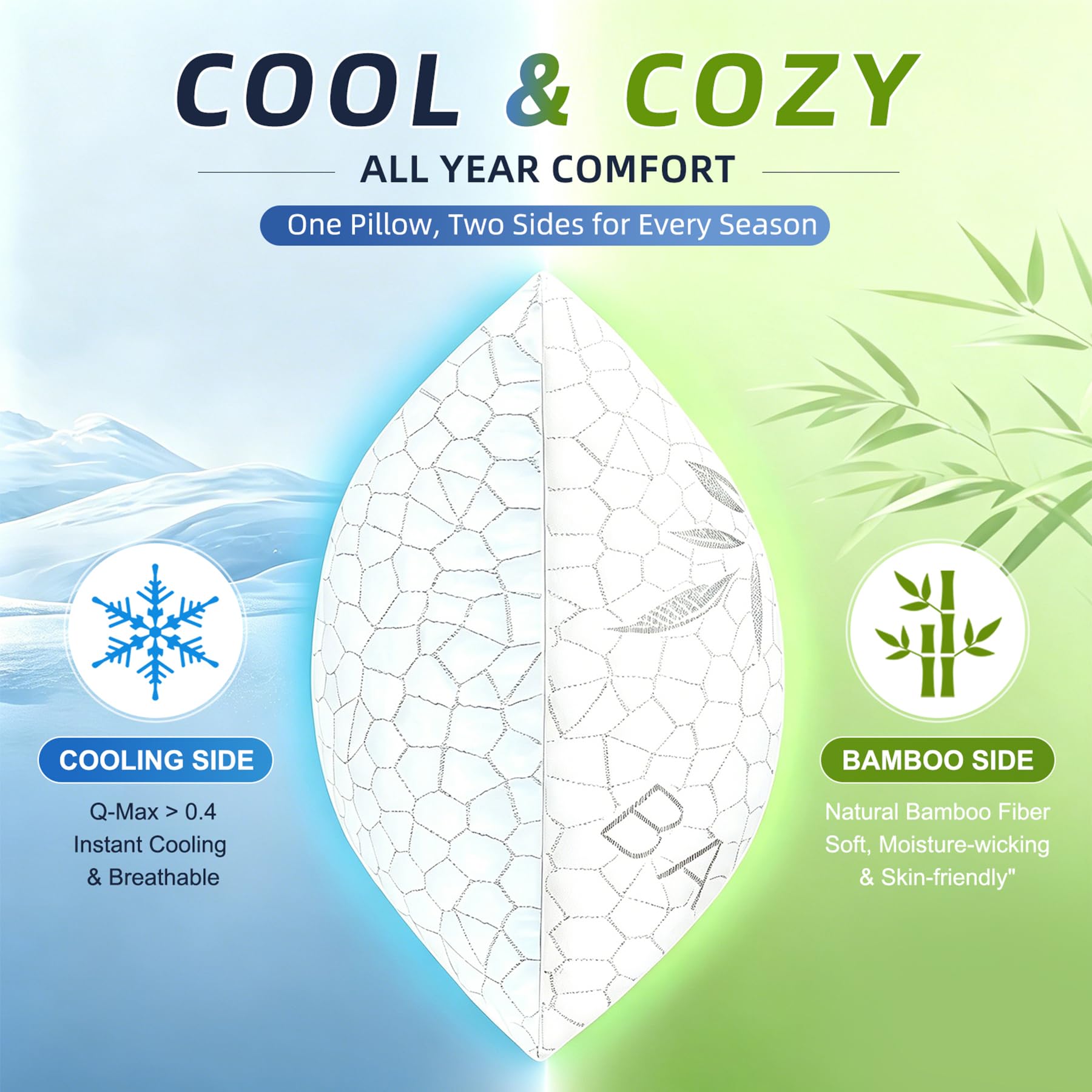 Yettbea dual-sided cover detail highlighting cooling and bamboo comfort