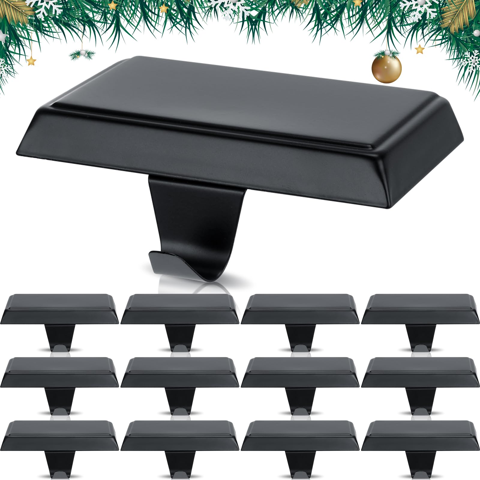 Yexiya front view of 12 black stocking holders showing neat packaged set and durability