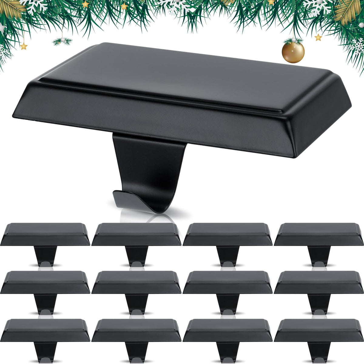 Yexiya front view of 12 black stocking holders showing neat packaged set and durability