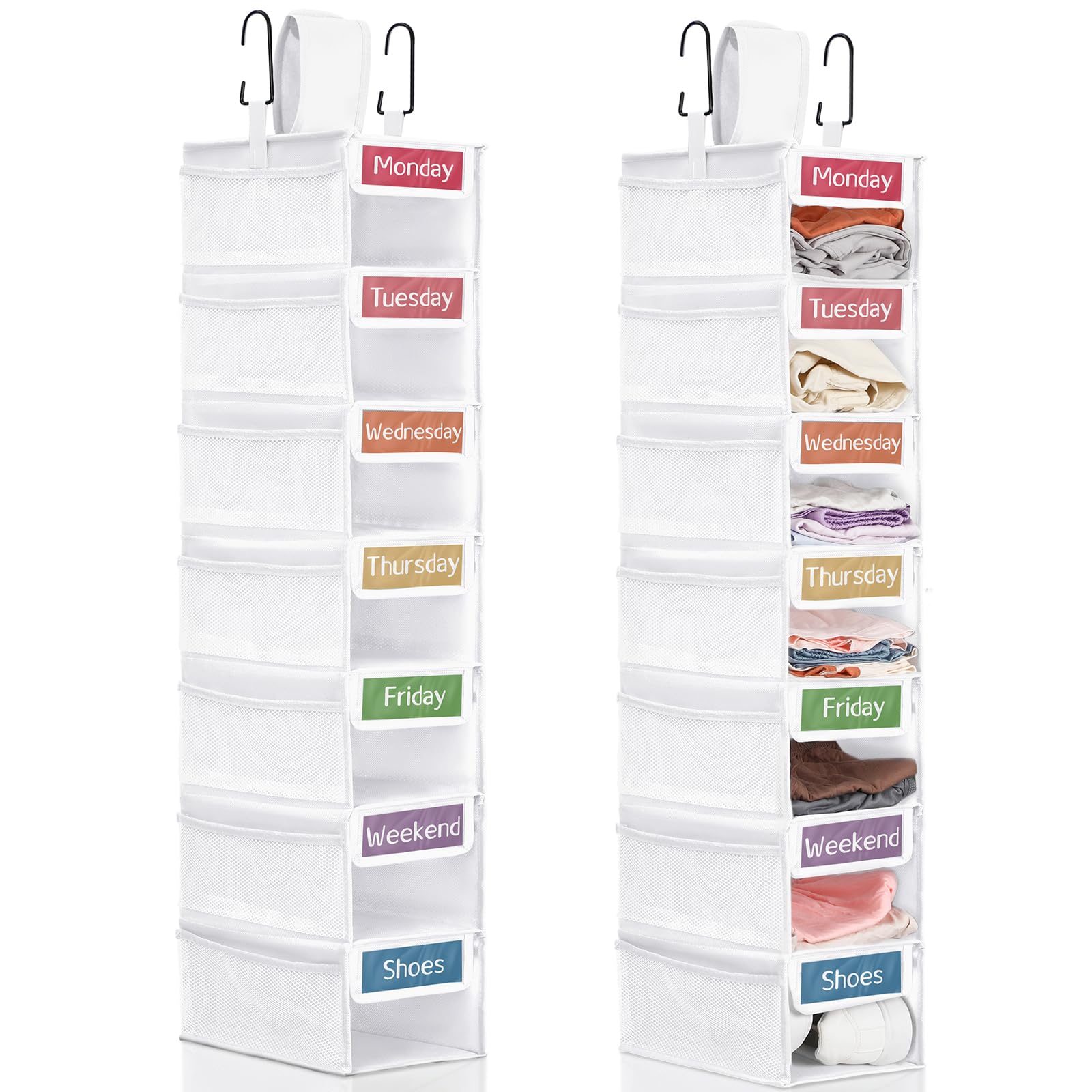 Yeyeplum front view of two white 7-shelf hanging organizers, tidy storage benefit