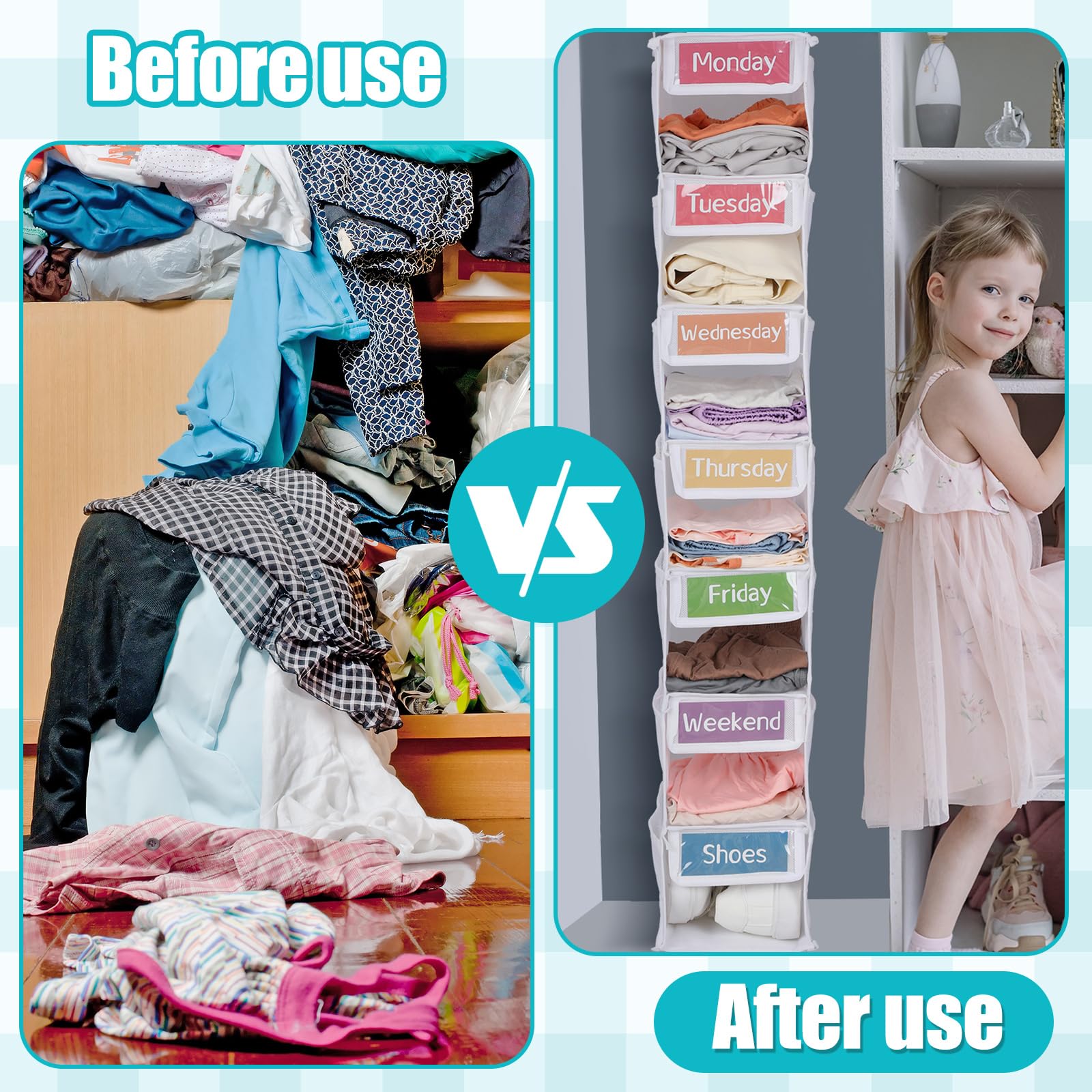 Yeyeplum hanging organizers inside a child's closet for organized mornings
