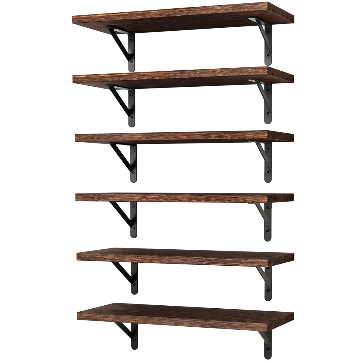 YGEOMER front view of six brown floating shelves showing overall set and packaging benefit space-saving