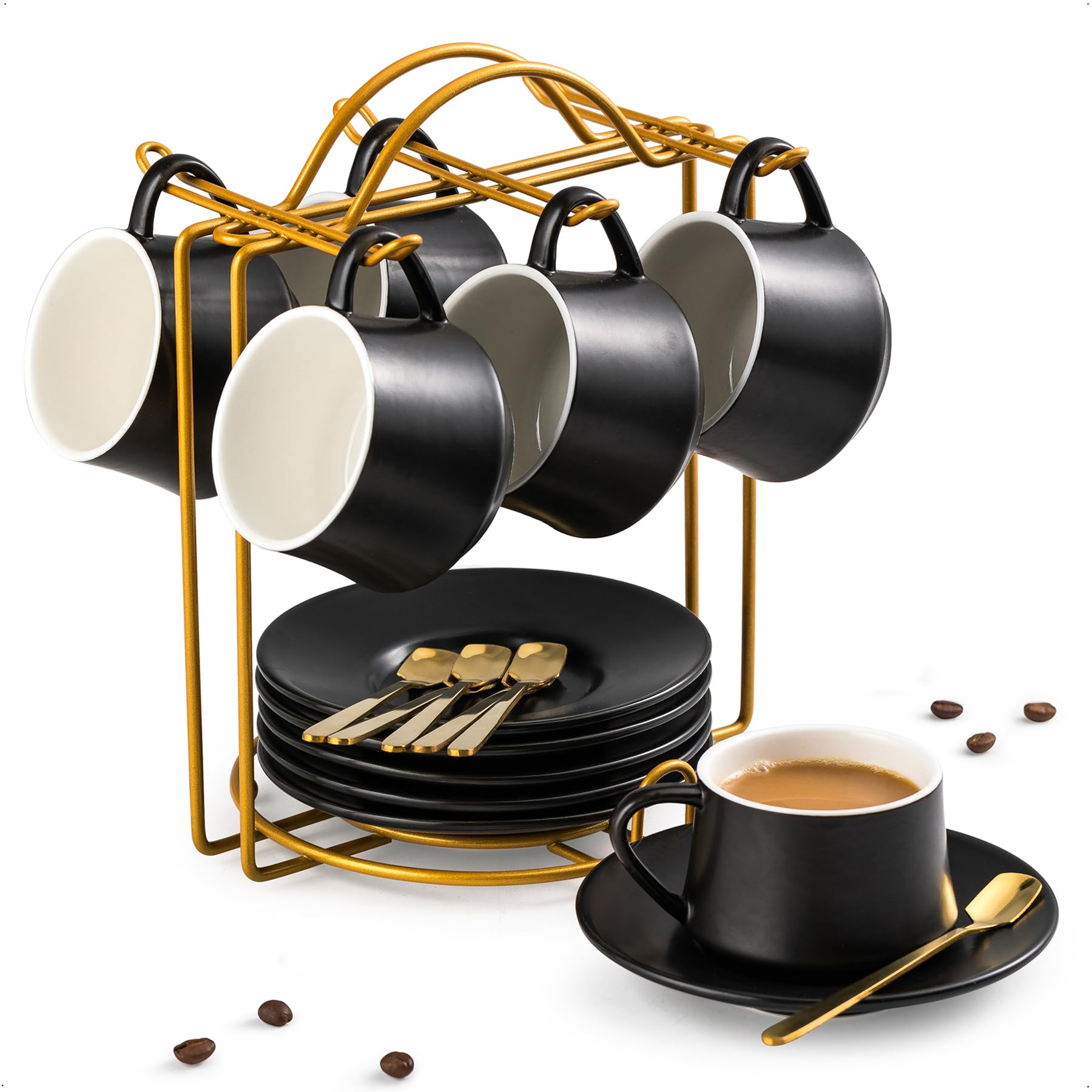 YHOSSEUN front view showing black espresso set and tidy storage benefit