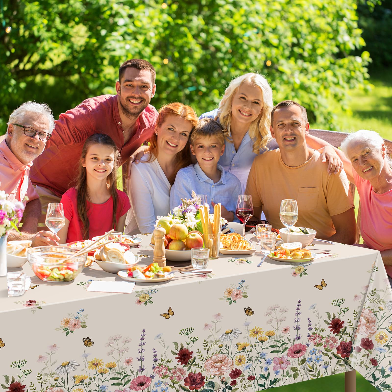YIDAKO floral tablecloth used as photo backdrop enhancing party photos