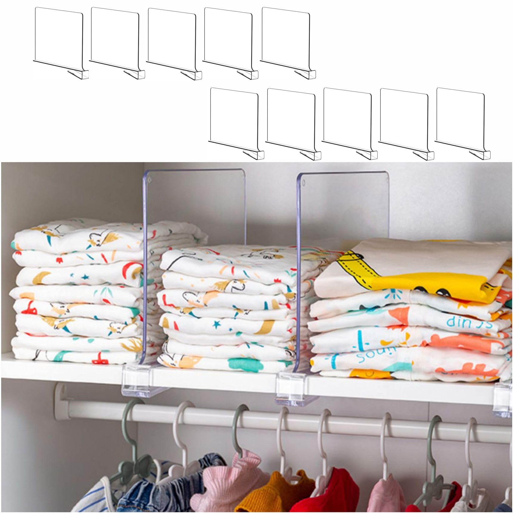 Yieach front view of ten clear acrylic dividers showing contents and packaging, tidy storage benefit