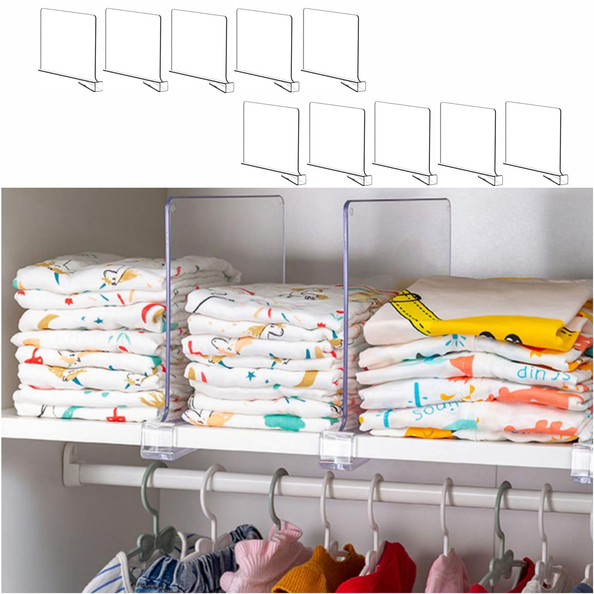 Yieach front view of ten clear acrylic dividers showing contents and packaging, tidy storage benefit