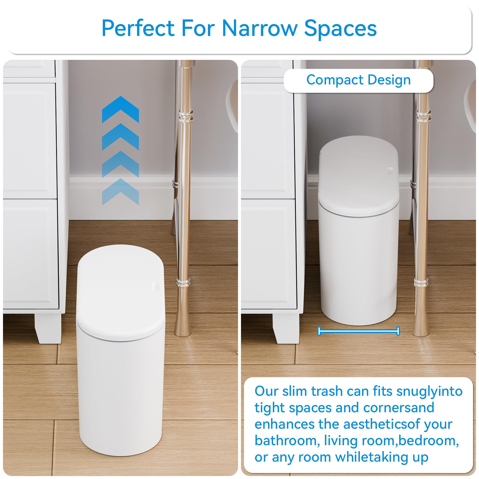 Yieach slim can beside toilet showing space-saving fit