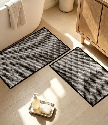 YIHOUSE front view of black bath mat pair showing clean sleek look and benefit
