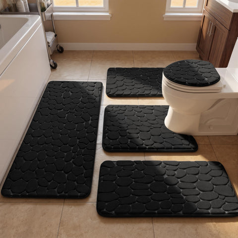 YIHOUSE front view of five-piece black rug set showing coordinated look and easy styling