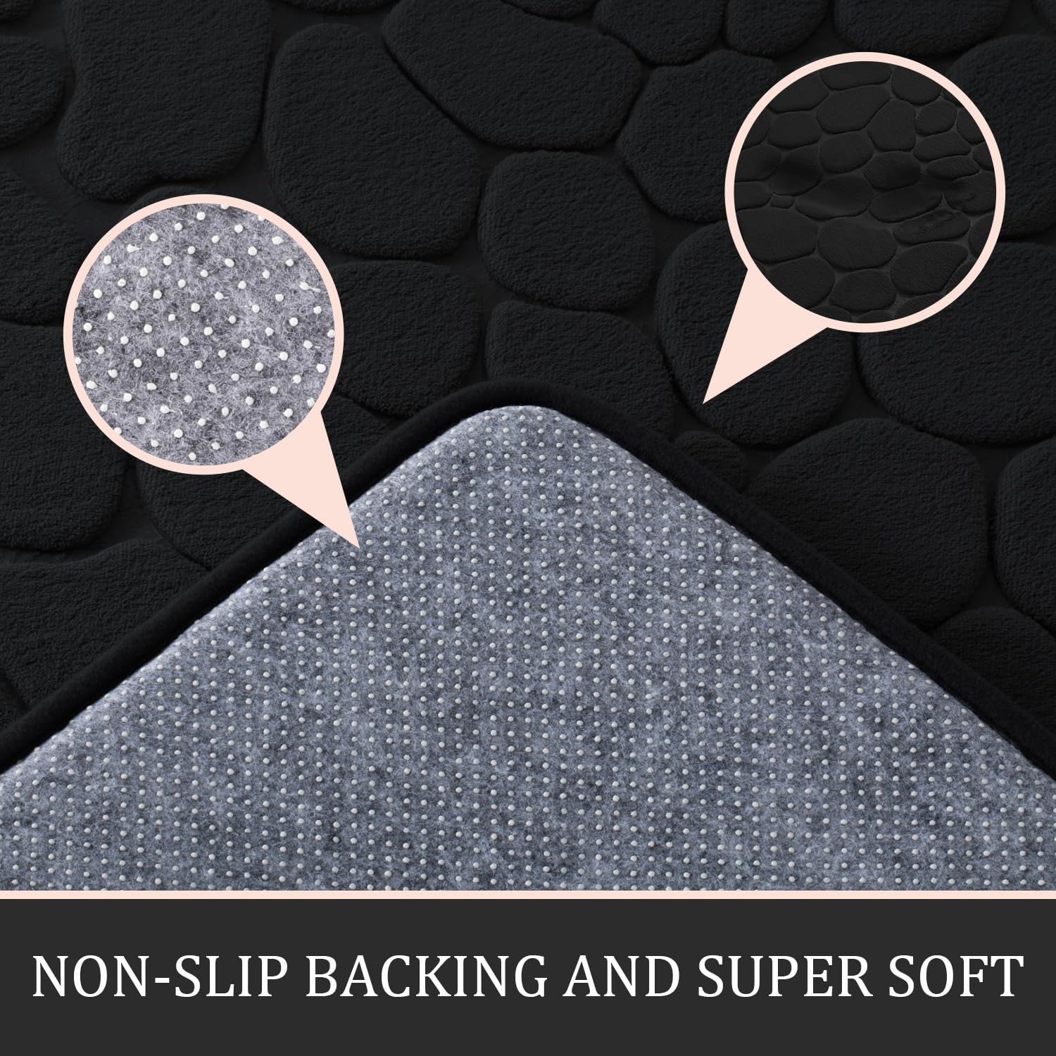 YIHOUSE large 20x46 black bath rug flat-lay demonstrating coverage and sleek finish