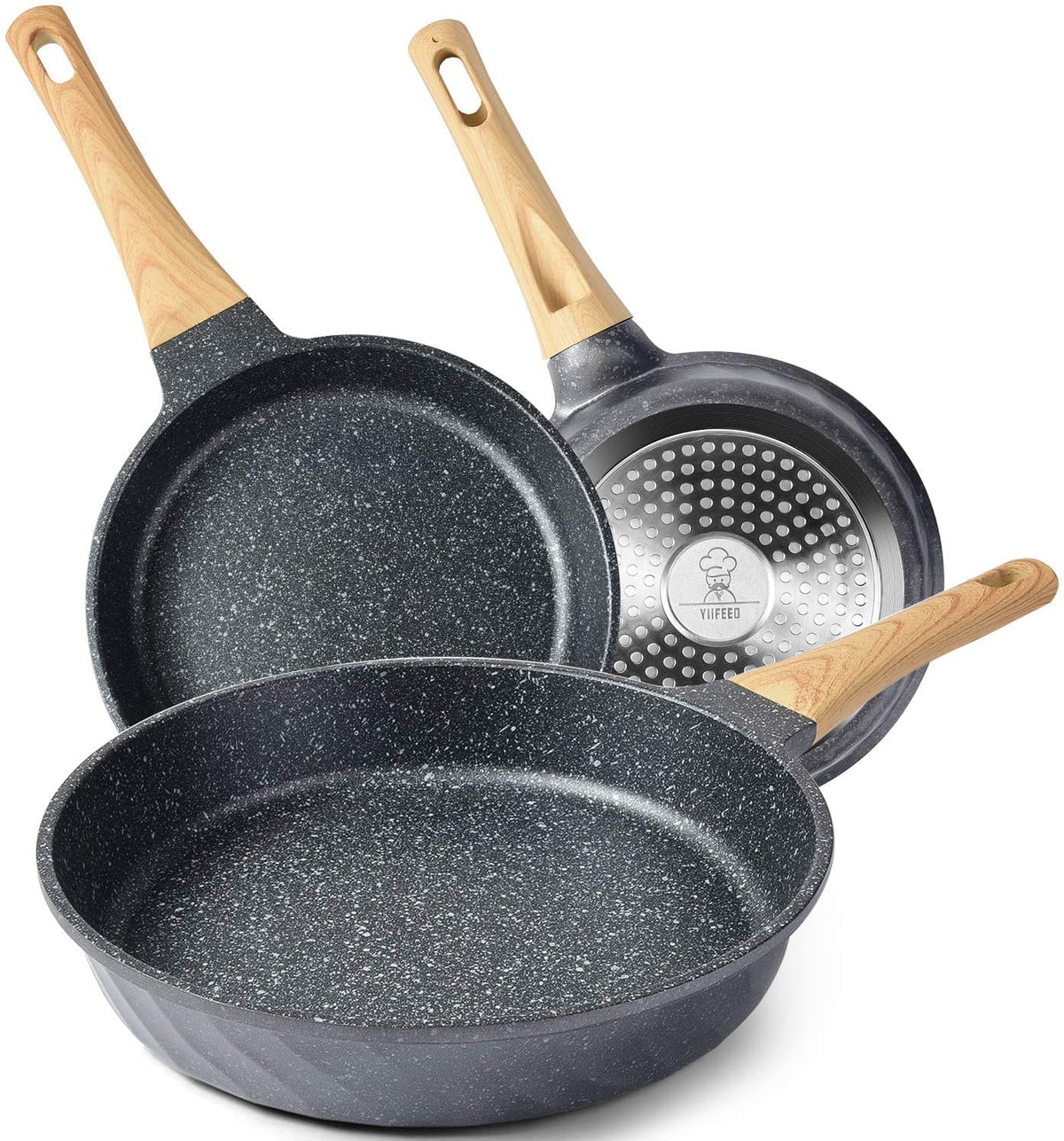 YIIFEEO front packaging showing the nonstick pan set and benefits