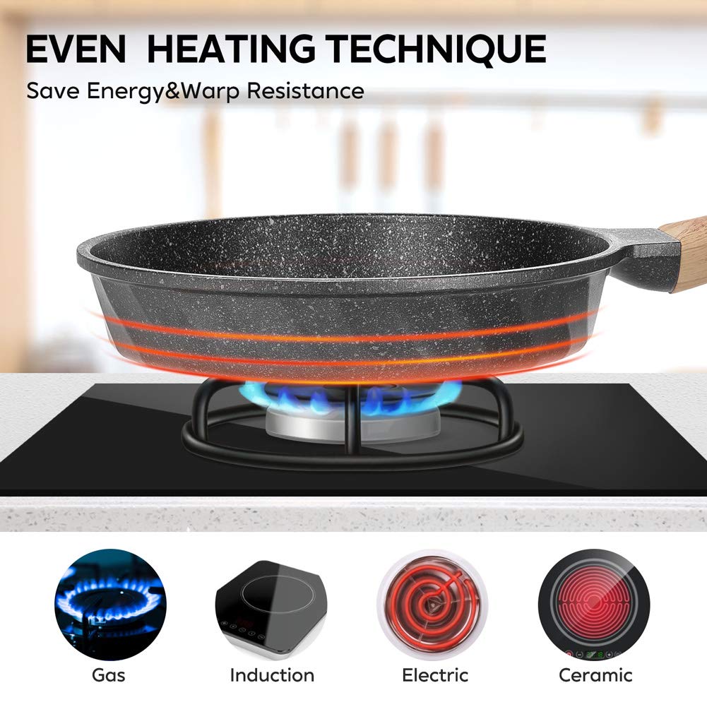 YIIFEEO frying pan cooking on stove demonstrating even heating and easy flipping