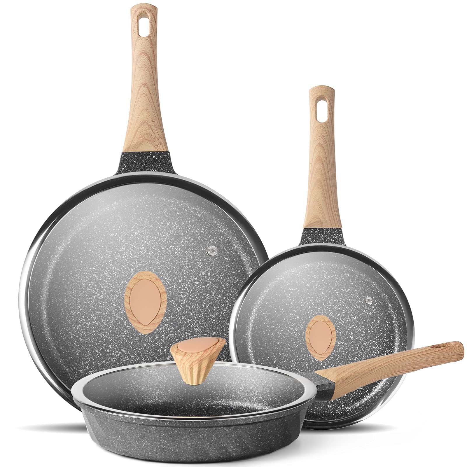 YIIFEEO skillet set front view showing three sizes and lids for versatile cooking