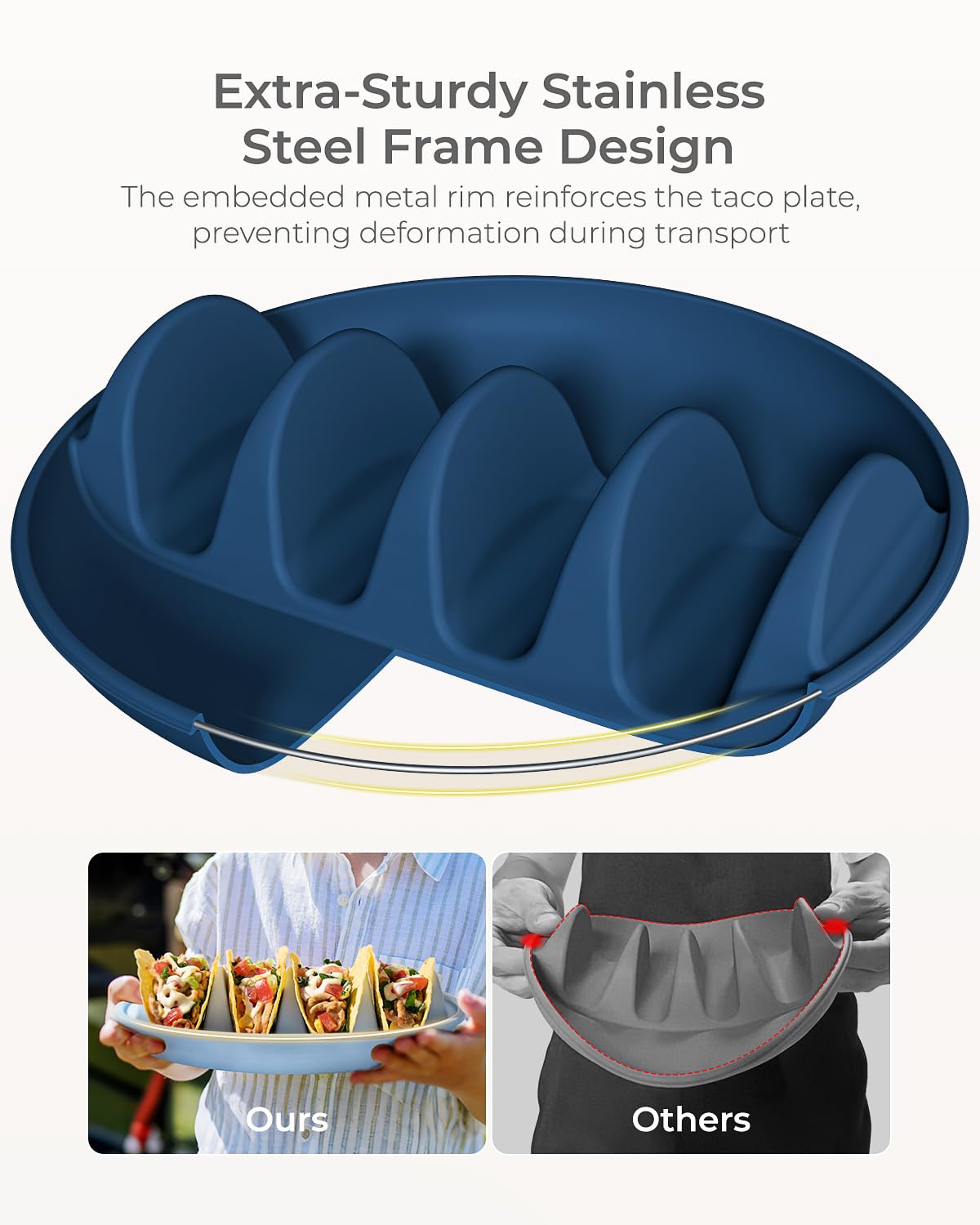 YIIYOUNG filled tacos in plate illustrating upright shells and spill prevention benefit