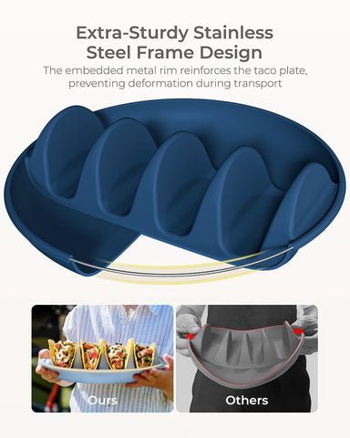 YIIYOUNG filled tacos in plate illustrating upright shells and spill prevention benefit