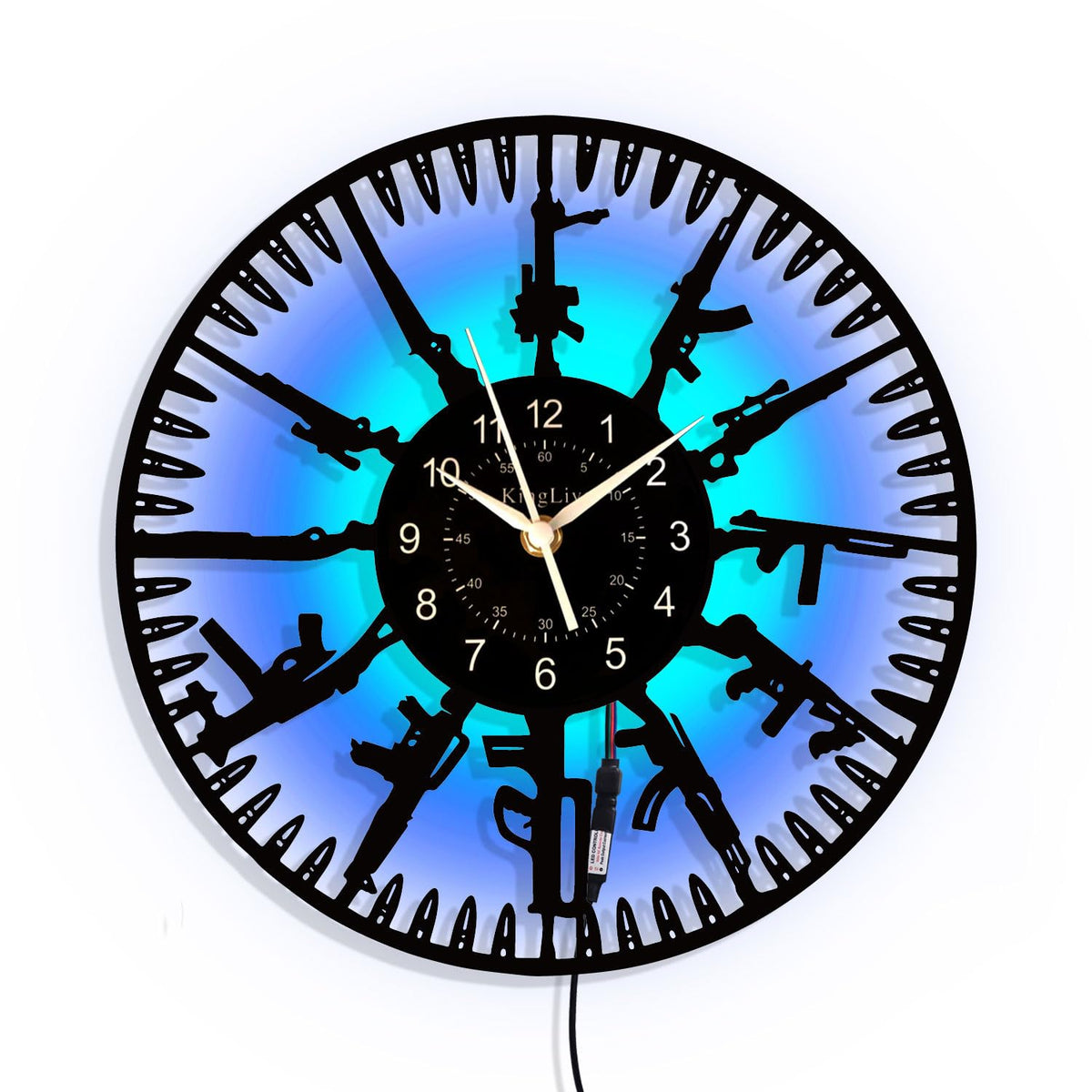 YiJaLyn front view of guns vinyl clock showing bold silhouette and time readability