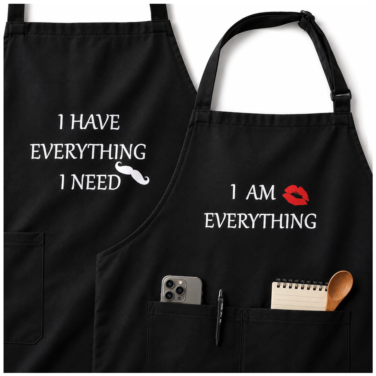 YIKA matching aprons front view showing humorous phrases and clean styling benefit