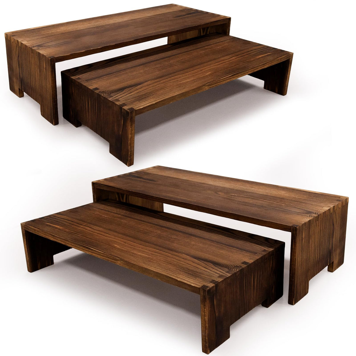 Yikaroeli front view of two-tier wooden risers showcasing rustic display benefits