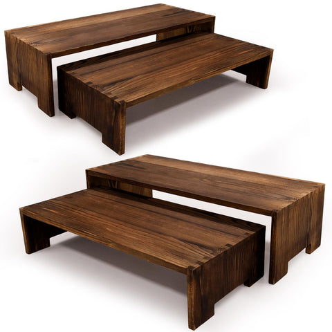 Yikaroeli front view of two-tier wooden risers showcasing rustic display benefits
