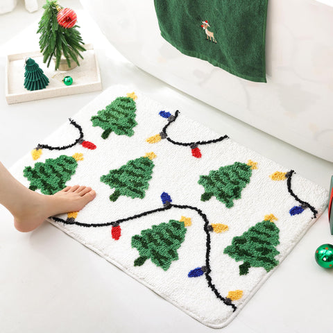 YIKUSH front view of Christmas tree bath mat showing festive design and welcome effect