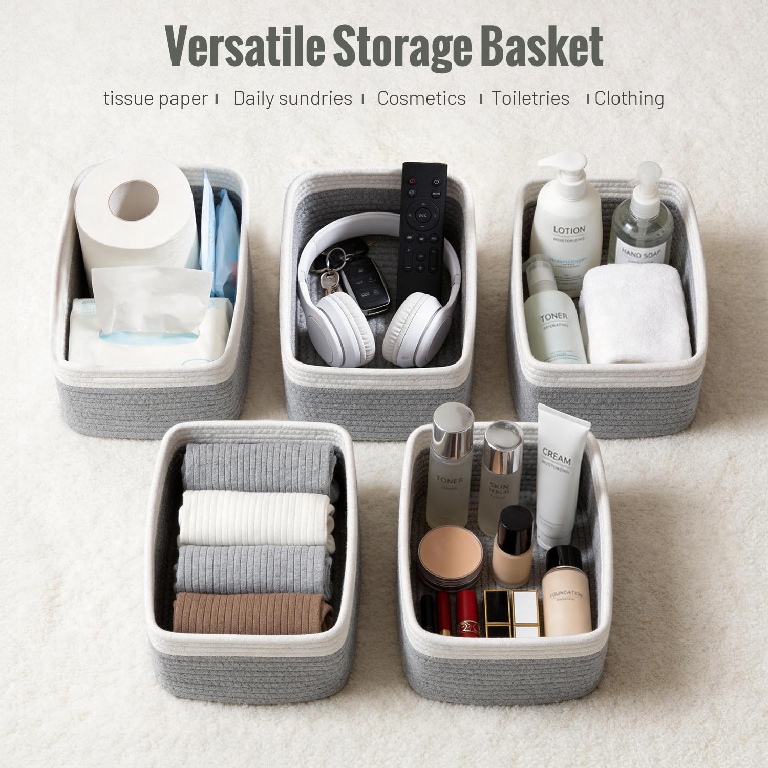 Yilobi small woven basket filled with toiletries showing convenient bathroom storage and neat presentation