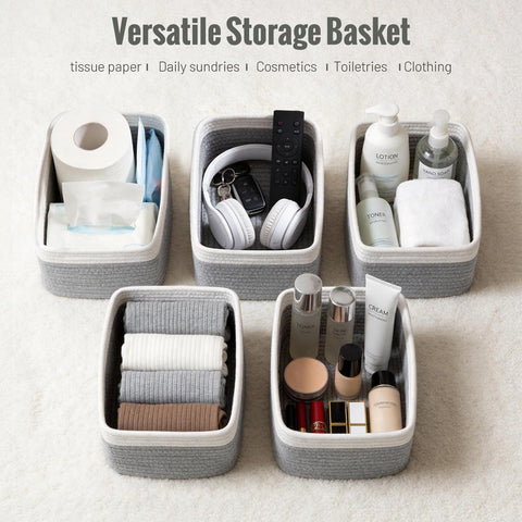 Yilobi small woven basket filled with toiletries showing convenient bathroom storage and neat presentation