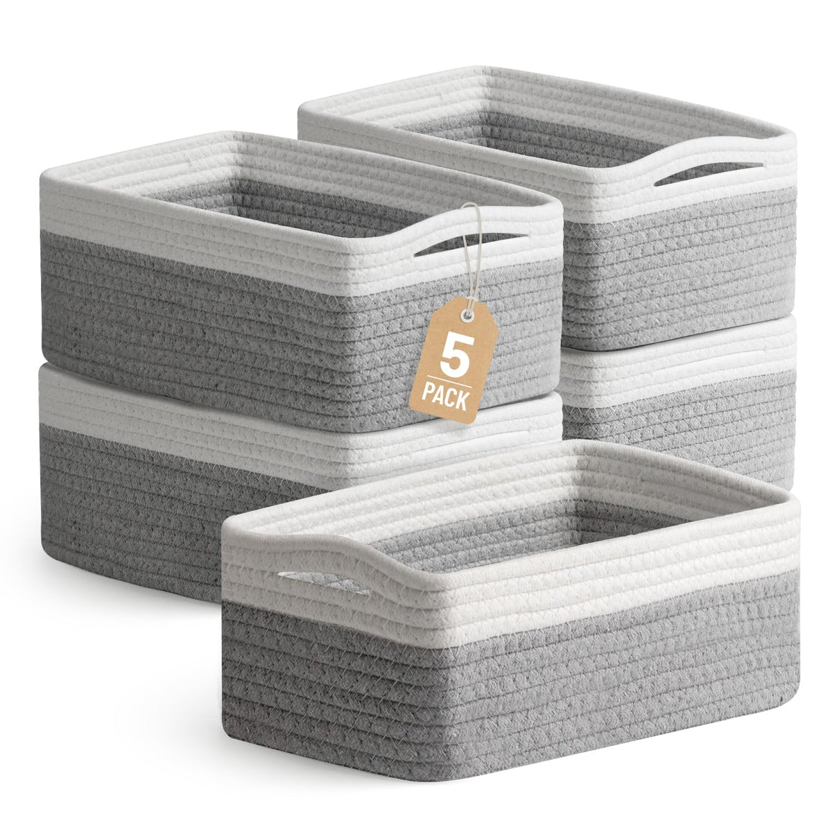 Yilobi front view of five small woven baskets showing neat packaging and neutral design for organized shelves