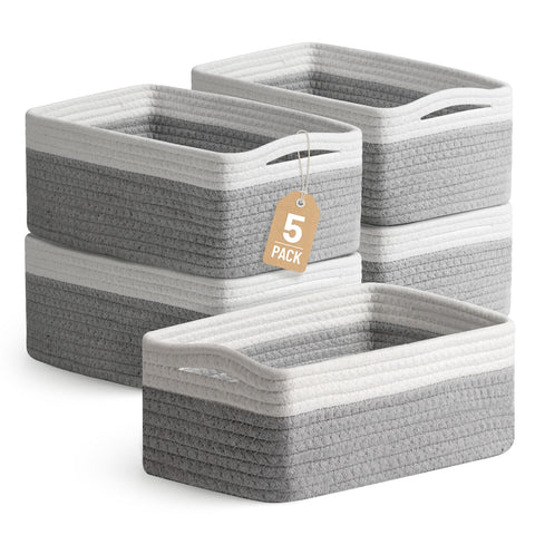 Yilobi front view of five small woven baskets showing neat packaging and neutral design for organized shelves