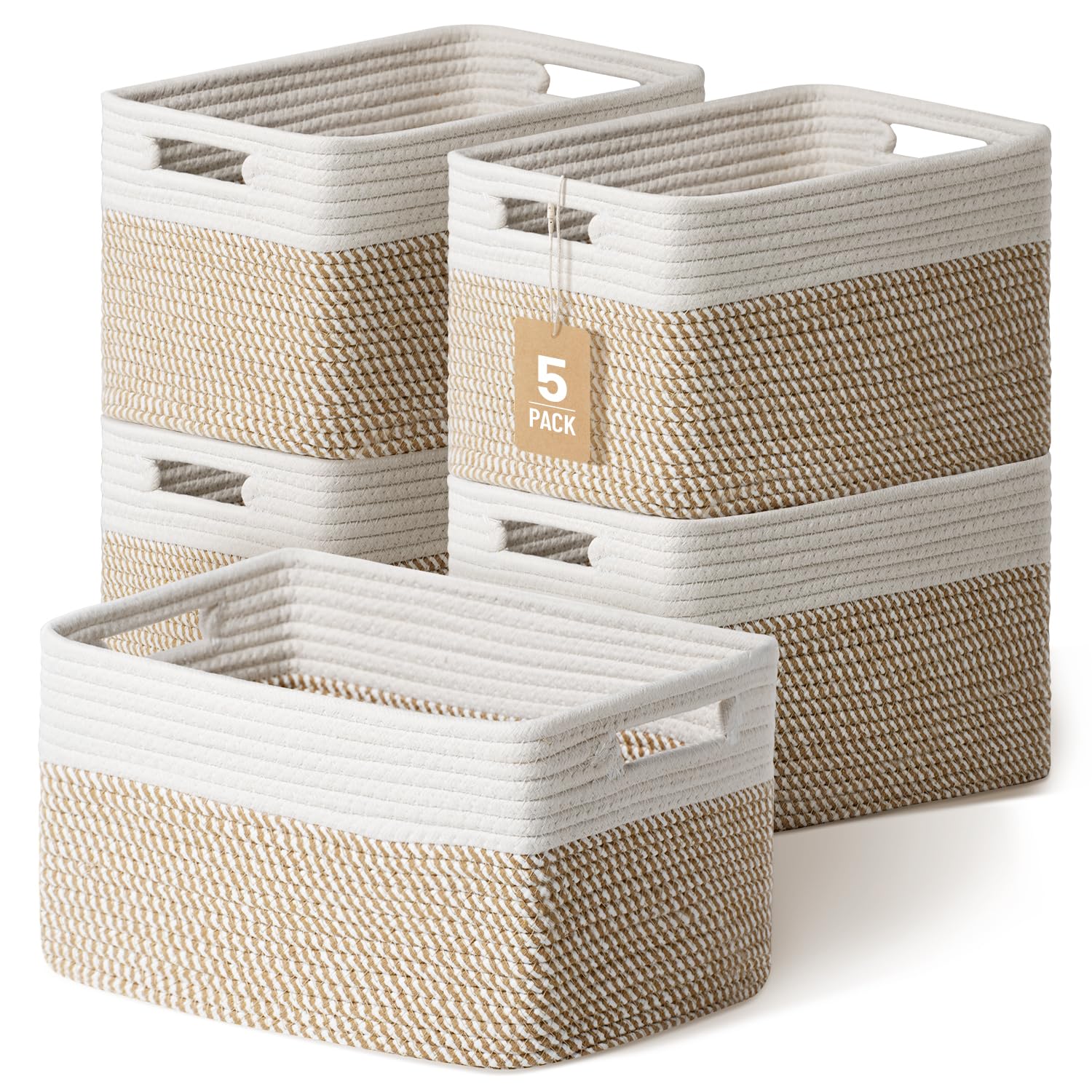 Yilobi front view of five baskets showing neutral style and tidy storage benefit
