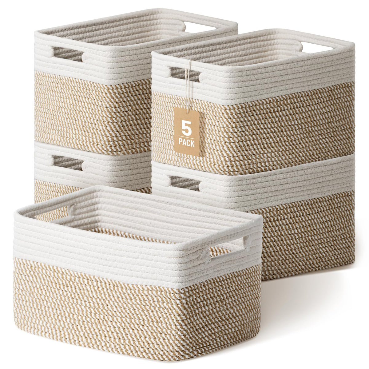 Yilobi front view of five baskets showing neutral style and tidy storage benefit