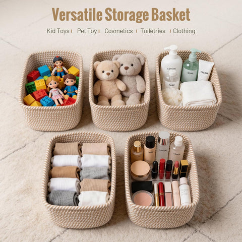 Yilobi basket next to a book illustrating compact size and space-saving benefit