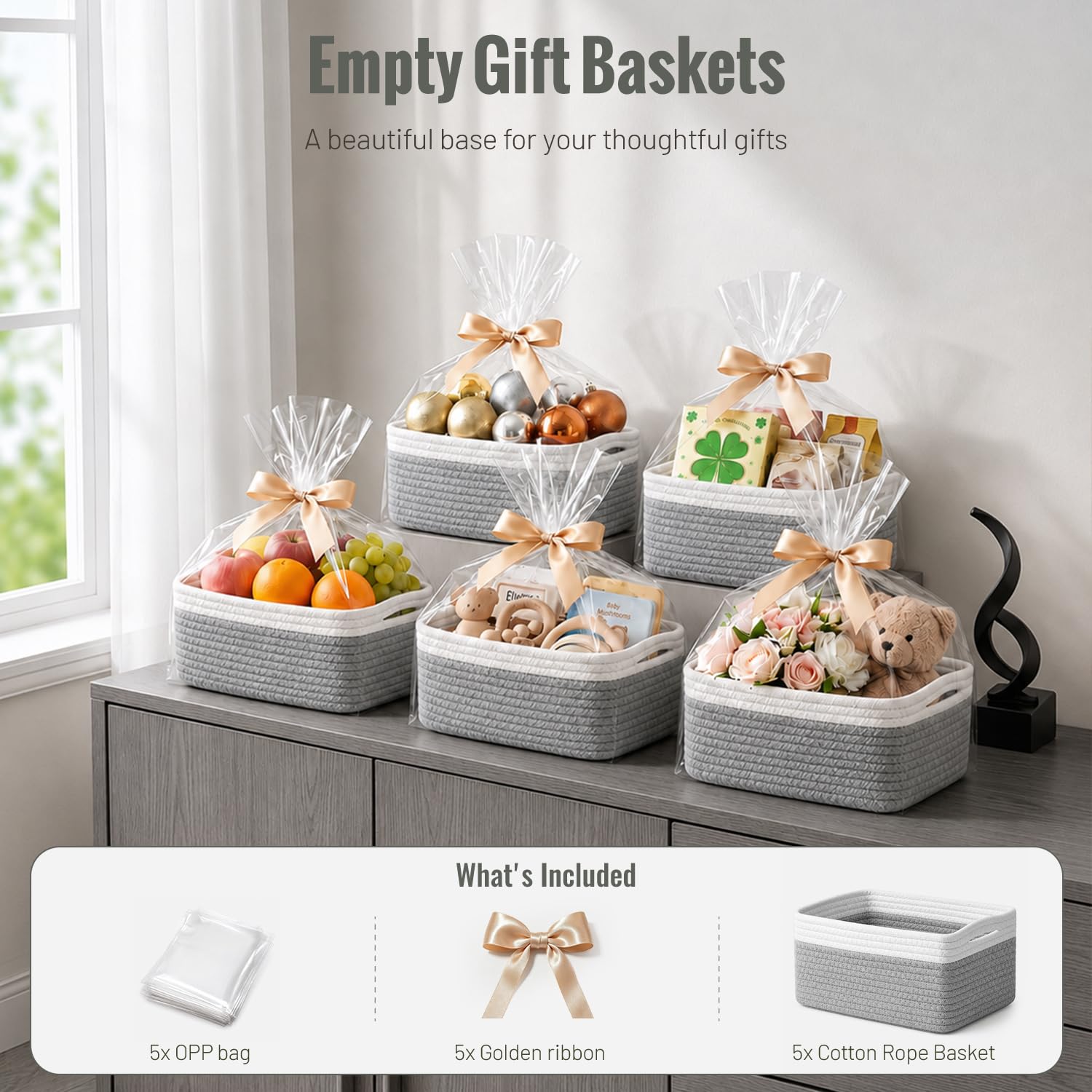 Yilobi basket next to a hand to show scale and compact size for shelves and countertops