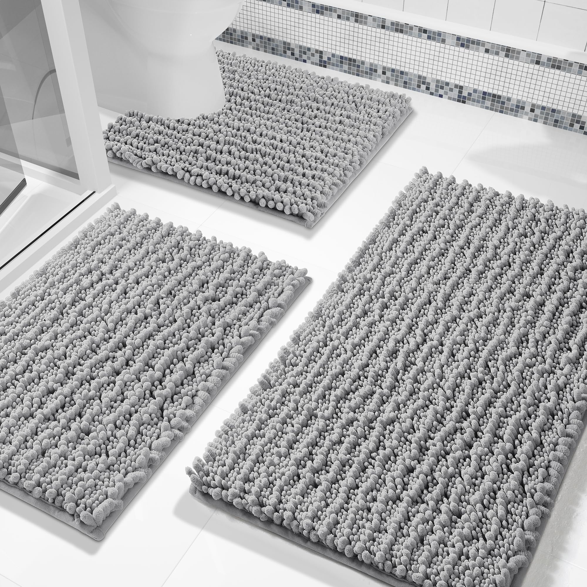 Yimobra front view of grey 3-piece bath rug set showing coordinated design and comfort