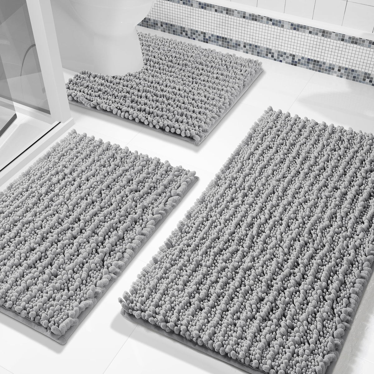 Yimobra front view of grey 3-piece bath rug set showing coordinated design and comfort