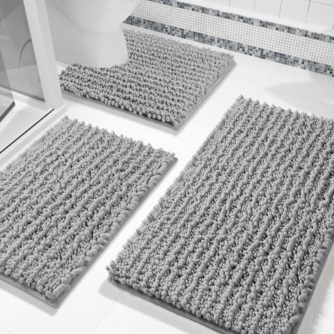 Yimobra front view of grey 3-piece bath rug set showing coordinated design and comfort
