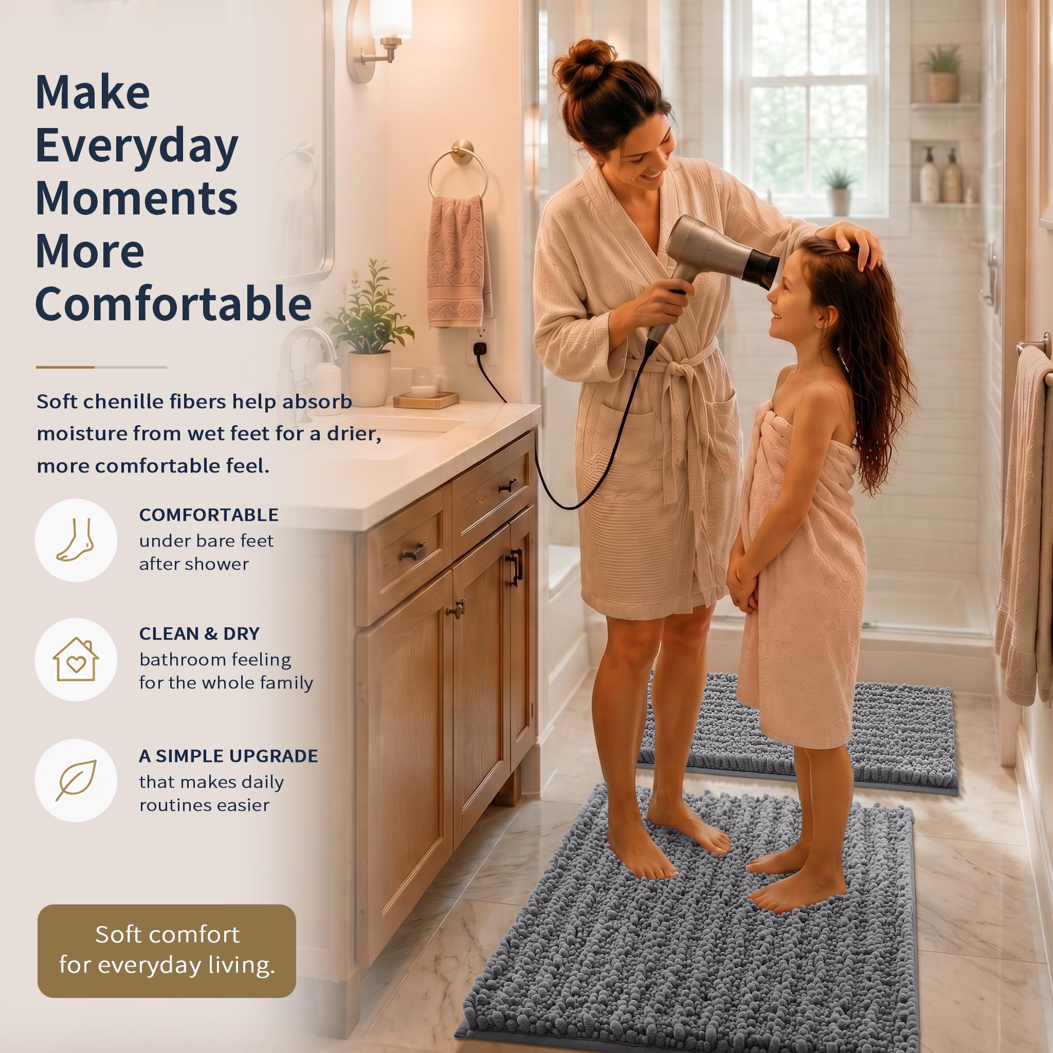 Yimobra rug set placed in a modern bathroom showing cozy and tidy flooring