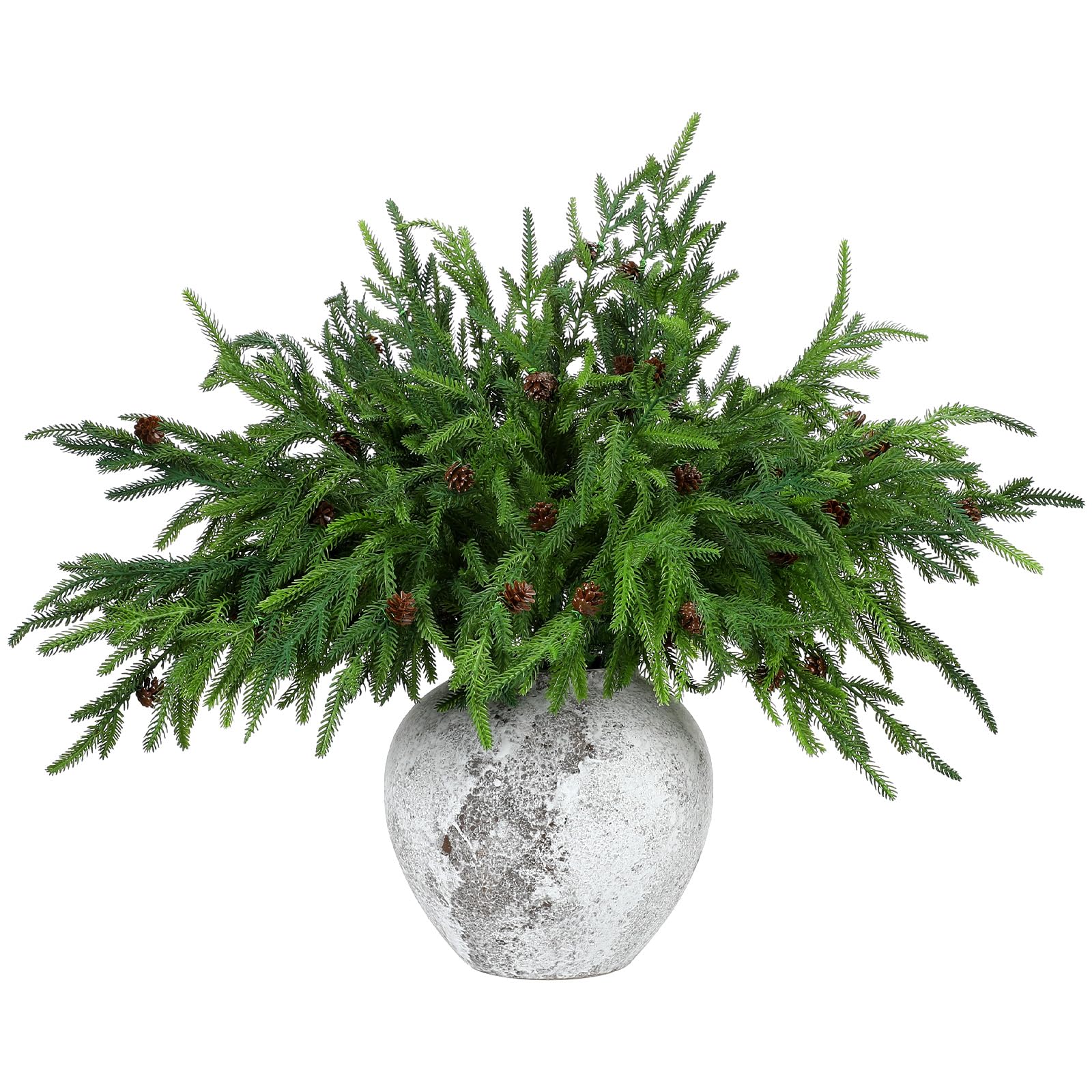 Yinder front packaging showing 16 Norfolk pine branches and pine cones, easy holiday setup