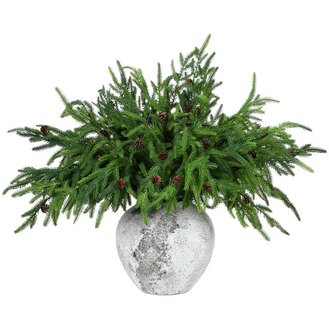 Yinder front packaging showing 16 Norfolk pine branches and pine cones, easy holiday setup