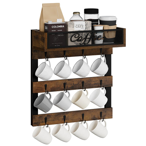 YINMIT front view of wall mounted coffee cup holder showing organized mugs and shelf benefit