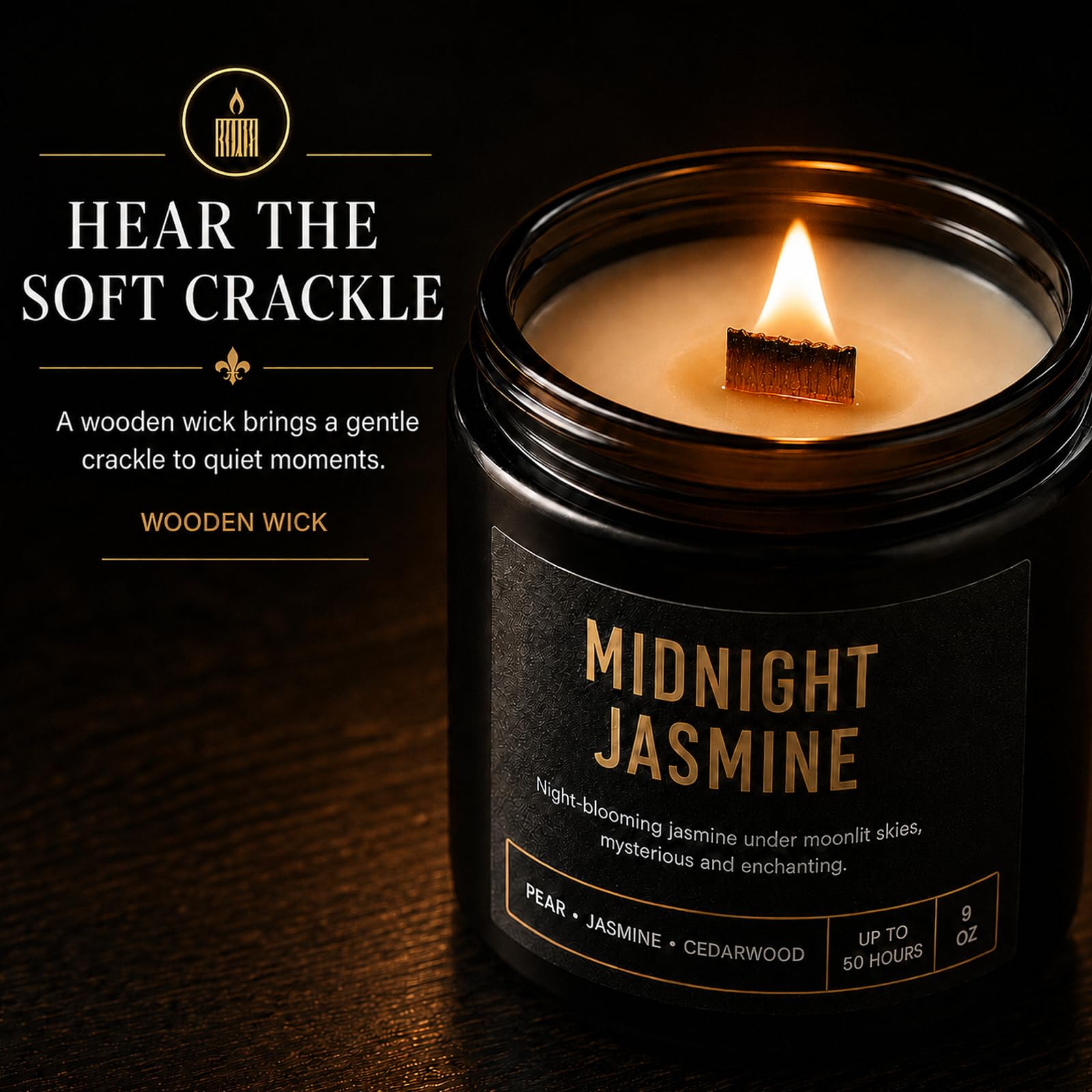 Yinuo Candle mahogany & teakwood label detail, showcasing masculine scent identity