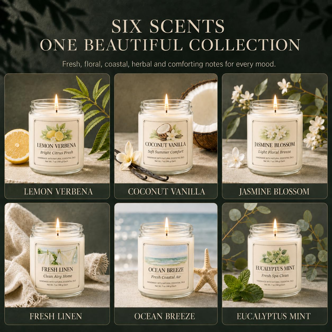YINUO LIGHT six glass jar candles arranged displaying scent variety and decor match